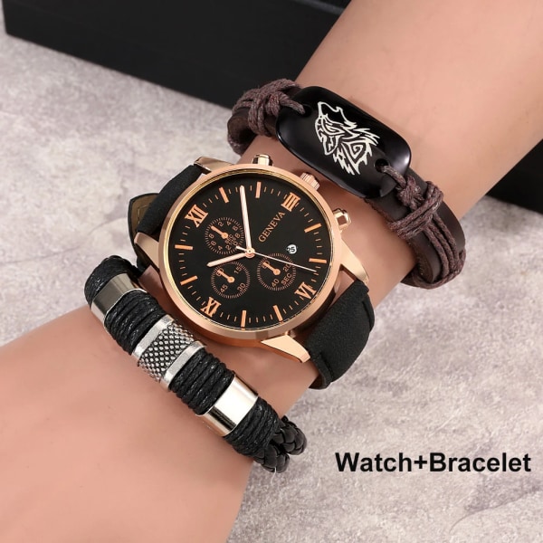 Klockor Set för män Läder Wolf Watch Top Märke Lyx 3PCS Quartz Watch Herrklocka Present till pojkvän Reloj Hombre Watch-Bracelet 03