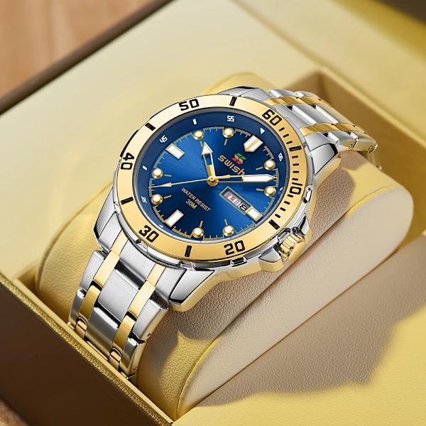 Mode Herrsportklockor Lyxiga rostfria watch Dubbelkalender Silver Guld Man Clock Relogio Masculino Blue Gold-Silver White