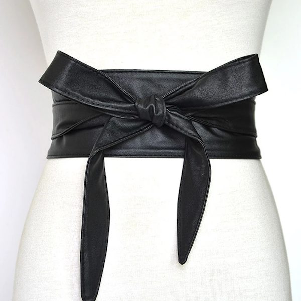 Kvinnor Snörning Pu-läderbälte Nytt Bowknot Bälten Längre Bred Bind Midjeband Slips Rosett Dam Klänning Dekoration Mode 2022 Black one size