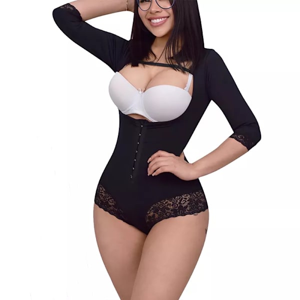 Fajas kompressionsplagg för kvinnor med långa ärmar remmar Krokstängning Shapewear Waist trainer Magkontroll Body Shaper Black M