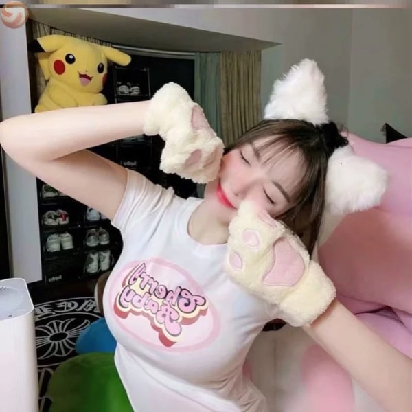Söt Cat Paw Fluffy Claw Fingerlösa handskar Varm Mjuk Plysch Fingerlös Panda Handske Halvfinger Kvinnor Vinterkläder Julklappar Khaki-A One Size