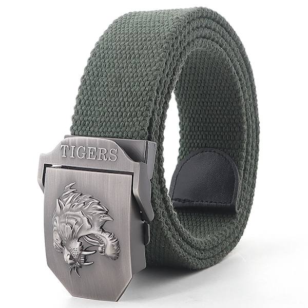 Ny canvas utomhus taktiskt armébälte 3D tigerhuvud Emblem metallspänne unisex jeansbälte för män Militärbälte Man sportrem Army Green 110cm