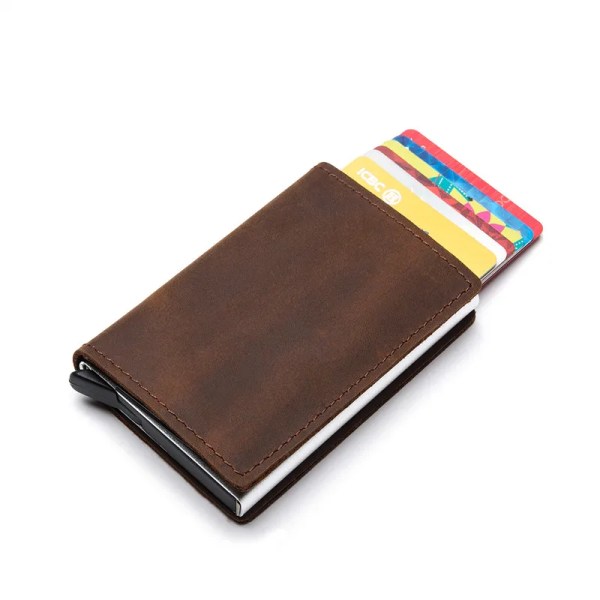 ZOVYVOL 2023 Ny RFID-korthållare i äkta läder Case Clutch Popup-plånbok Äkta läder Aluminiumlåda Tunna smarta plånböcker Brown YM010