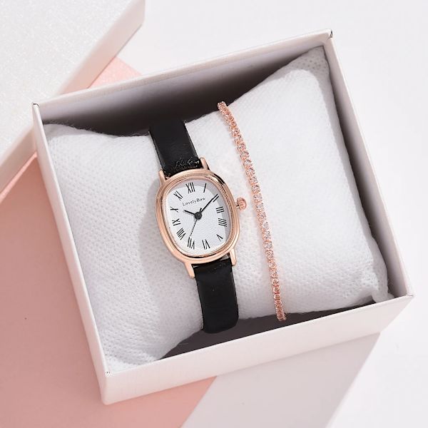 Nytt Dammode Svarta Klockor Set Vintage Läder Dam Armbandsur Enkel Oval Urtavla Klänning Retro Kvinnlig Quartz Armbandsur Black Set