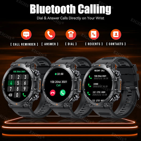 EIGIIS Smart Watch Herr 1,39'' IPS-skärm Bluetooth Call Watch 24 Sportlägen 400mAh batteriklocka Smartwatch For Herr Silicone Army green Bluetooth Call