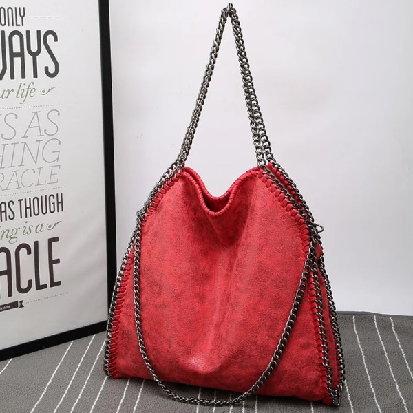 Fashion New Damkedja Axelväska Stor kapacitet Crossbody Tygväska Kvinna Vikbar Enfärgad Handväskor Shoppingväskor Red (30cmMax Length50cm)