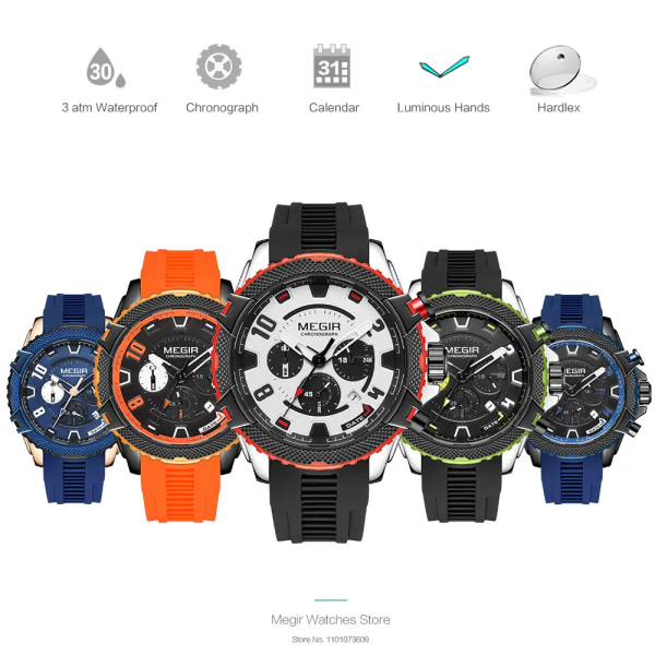 MEGIR Watch för män Orange silikonrem Sport Chronograph Quartz Armbandsur med datum 24-timmarsdisplay 3atm Vattentät Rose Blue