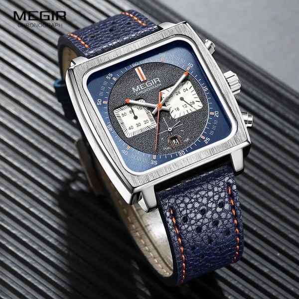 MEGIR Blue Square Dial Watch för män Casual Sport Läderrem Chronograph Quartz Armbandsur med datum 24-timmars 3atm Vattentät Blue