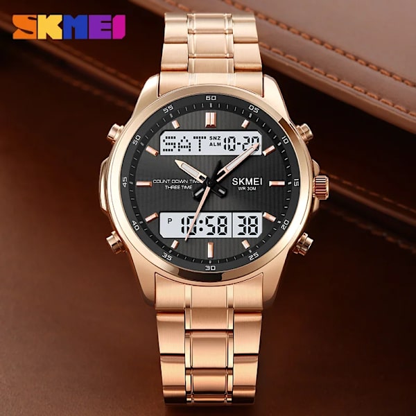 SKMEI klockor för män Business Rostfritt stål Lysande Vattentät Dual Display Manklocka Digitala klockor Relogio Masculino Silver White