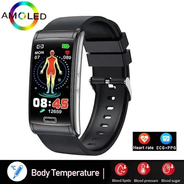 Ny E600 Blodsocker Puls Blodtrycksmätare Hälso-EKG+PPG Smart Watch IP68 Vattentät Sport Smartwatch Black