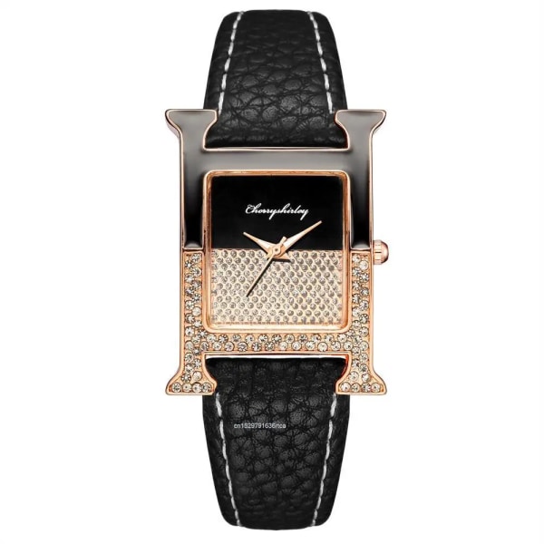Rektangel Elegant Kvinnor 2022 Modeklockor Diamant Lyx Läder Dam Quartz Watch Kvaliteter Kristallurtavla Kvinnlig klocka Black