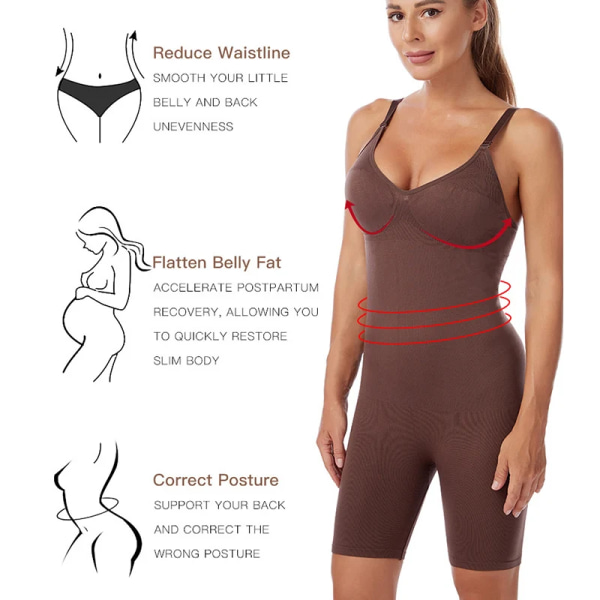 Sömlös Body Kvinnor Butt Lifter Shapewear Magkontroll Body Shaper Korsett Strappy-Back Bröstlyft Korrekt hållning Underkläder Dark Brown 2XL 3XL