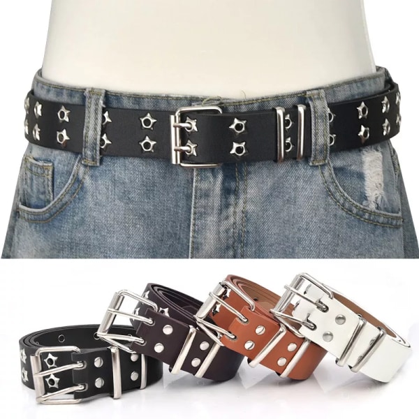Star Eye Nitbälte Goth Style Dubbelnål Spänne Man/kvinna Mode Casual Puck Style Pu Läder Midjeband Jeans y2k tillbehör Black one size