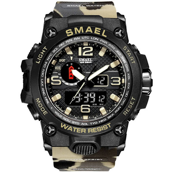 SMAEL Dual Display Digital LED Watch Pointer Typ Quartz Elektriska klockor Relogio Masculino Uomo Sportklocka 1545 CAMOKHAKI
