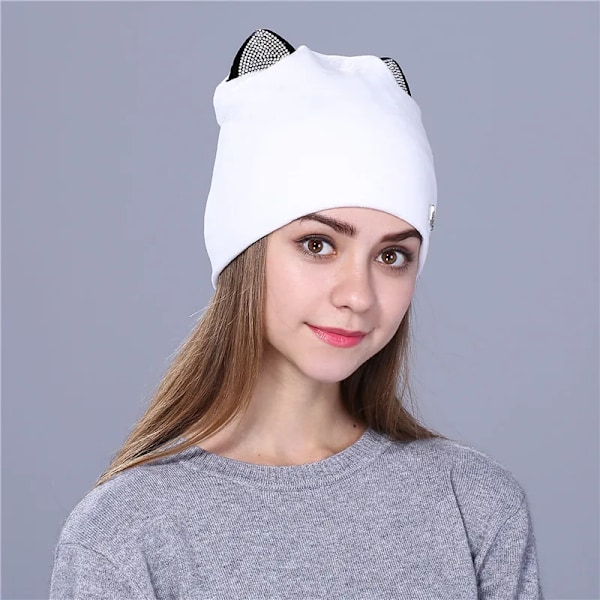 Xthree Flanell Autumn Skullies Beanies för Kvinnor Vinterhatt Söt Kitty Barnhatt för Flickor Gorras White