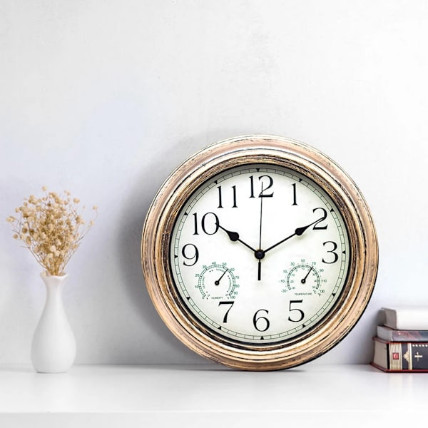 Tyst Väggklocka Batteridriven, 12 Tum Svepande Urverk Med Termometer Och Hygrometerdisplay Brass Black Tone