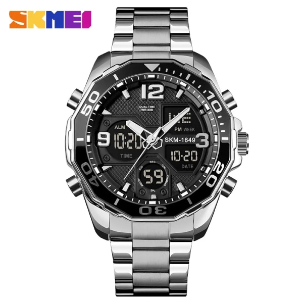 SKMEI Lyxmärke Watch Militär Digital Sport Armbandsur Herr Stålband Vattentät klocka Man reloj hombre 1649 montre Silver