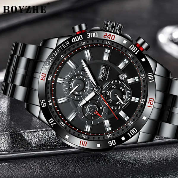 Boyzhe Men Sport Automatisk Mekanisk Watch 3 Bar Vattentät Multifunktionsskärm Lysande Hands Herr Klockor relogio Black Leather