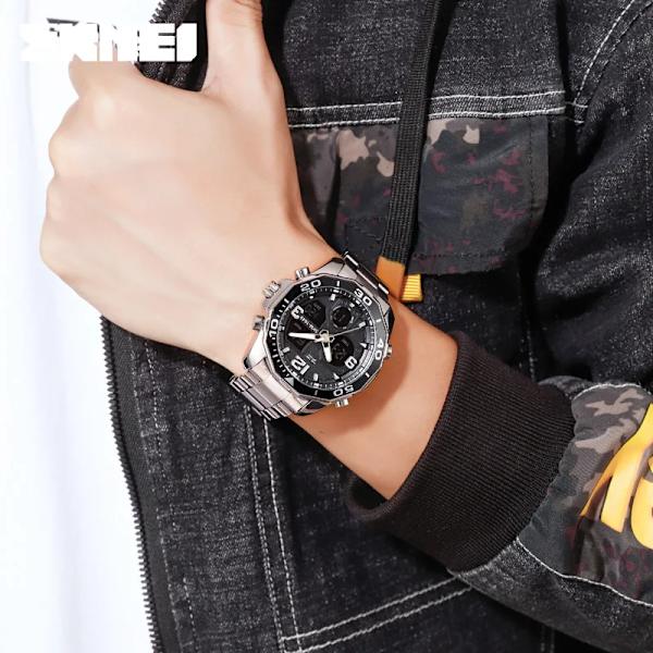 SKMEI 1649 Roterbar Ring Quartz Digital Herrarmbandsur Chrono Alarm Man Clock reloj hombre Dual Movement Sport Herrklockor Gold