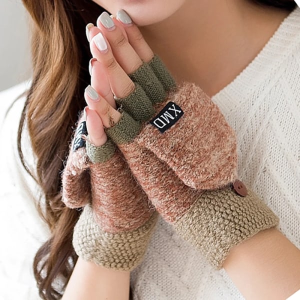 Förtjockning Ull Stickade Handskar Vintervarma Kvinnor Halvfinger Flip Vantar Handskar Utomhus Flickor Fingerlösa fingerexponerade handskar C- Rose One size