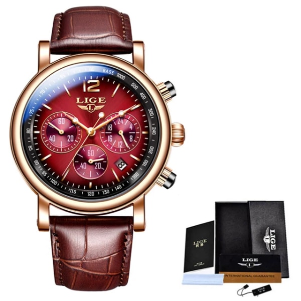 LIGE Watch Kvinnor Casual Damklockor Toppmärke Lyx Watch Läder Vattentät Quartz Armbandsur Damklockor Reloj+box Red(.242)