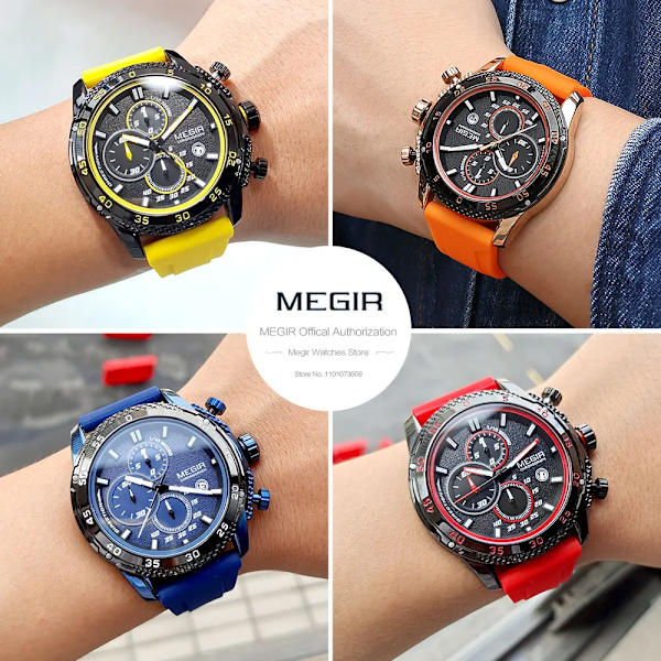 MEGIR Watch för män Mode Silikonband Chronograph Quartz Armbandsur med Auto Date Lysande visare 3atm Vattentät 2211 Red-Box