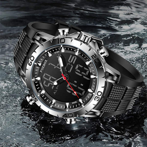 FOXBOX Herrklockor Sport Toppmärke Lyx Dual Display Quartz Watch Herr Militär vattentät klocka Digital elektronisk watch+ Box full black(.268)
