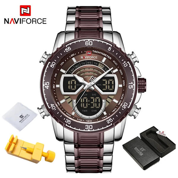 NAVIFORCE Mode Herrklockor Lyxiga Original Kvarts Digital Analog Watch för män Vattentät klocka i rostfritt stål SCE BOX