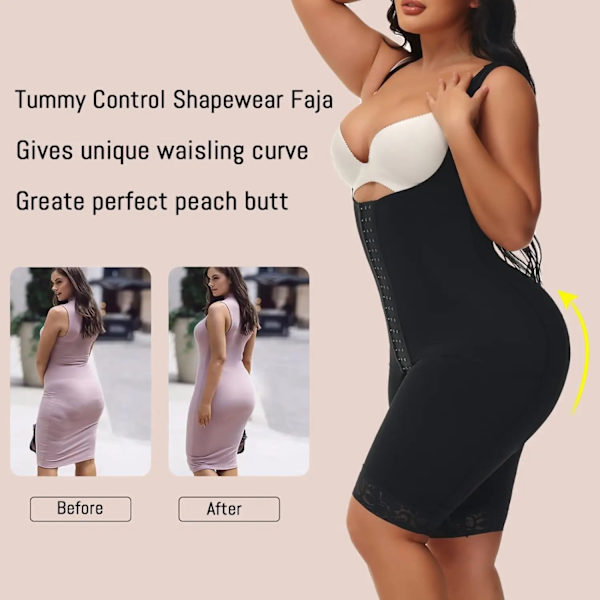 Fajas Colombianas Kroppsformare Kvinnor Högkompressionsplagg Waist trainer Bodysuit Öppen bystformare Reduktiv gördel efter förlossningen Beige M