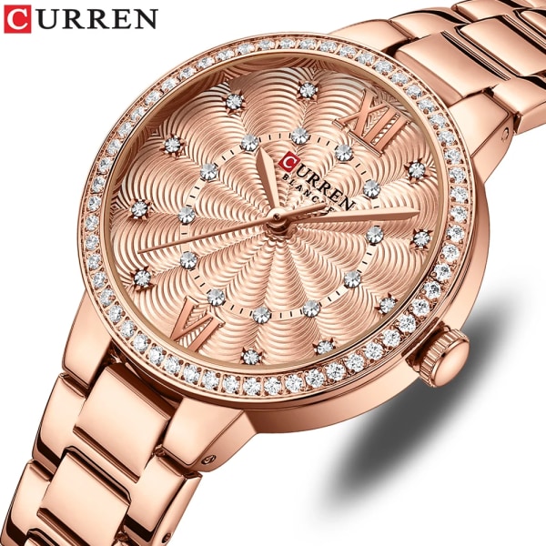 CURREN Quartz Armbandsur för kvinnor Luxury Rhinestones Rose Dial Modeklockor med band i rostfritt stål Nytt silver