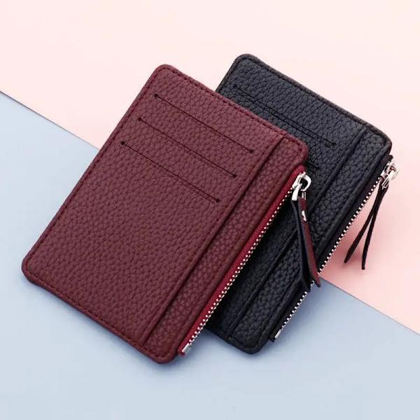 PU-läder Dam-ID Kreditbankkortshållare Dragkedja Smal plånbok Mode Liten myntväska Pengar Clip- case Cover A Red