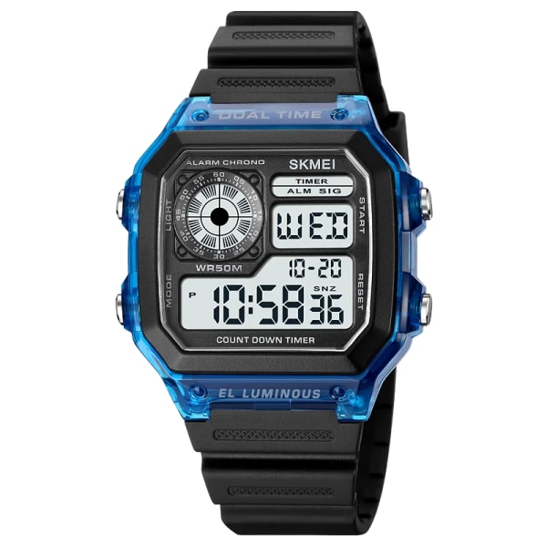 SKMEI 1998 Herr Multifunktion 5Bar Vattentät Chrono Armbandsur Klocka reloj hombre Japan Digital Movement Countdown Watch blue