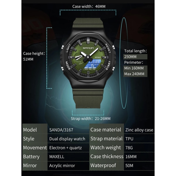 SANDA Brand 2023 Herrklockor Dual Display Digital Quartz Armbandsur 50m Vattentät Sport Watch Relogio Masculino Silver