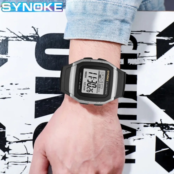 SYNOKE Student Elektronisk Watch Utomhussport Pojke Lysande Vattentät Watch Retro Square Watch Silver