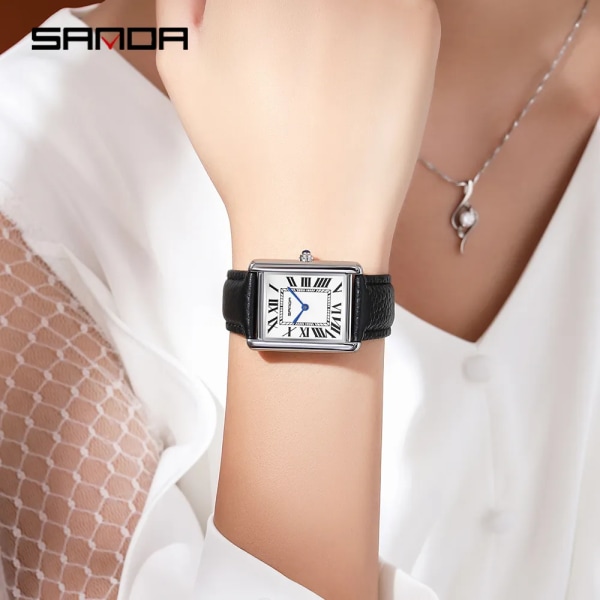 Sanda Brand Rektangulära Armbandsur För Kvinnor Silver Case Lyx Märke Äkta Läder Band Quartz Clock Zegarek Damski Black