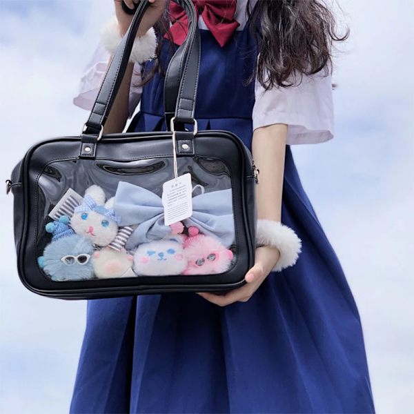 HAEX Harajuku Lolita Girls Ita-väskor Japanska JK-uniform Se Through Large Capacity PU Mode Casual Studenter Axelväskor White02 32x23x9cm