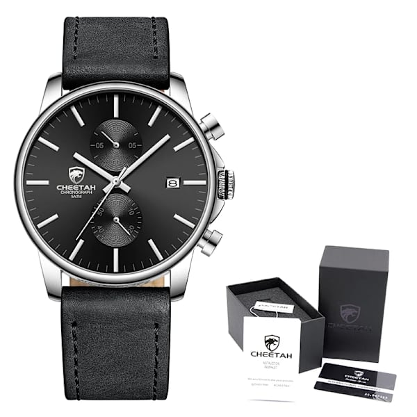 2021 Watch CHEETAH Märke Mode Sport Kvartsklockor Herr Läder Vattentät Chronograph Clock Business Relogio Masculino L Black Box
