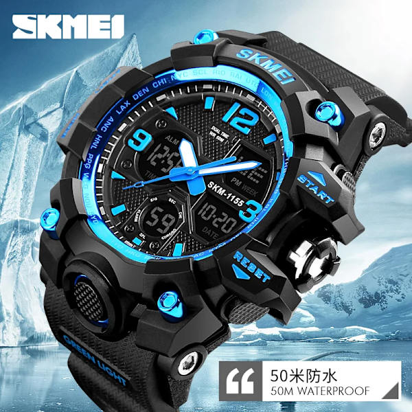 SKMEI 2 Time Herrklocka Man Elektroniska Sportklockor Stoppur Bakljus Alarm Vattentät Quartz Clock reloj hombre 1155B Red Watch