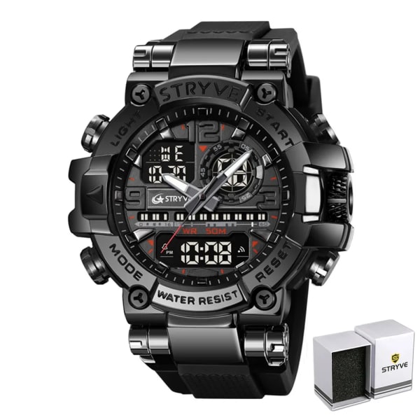 Ny STRYVE- watch för män Digital-Analog Dual Movement Lysande kalender Vattentäta klockor Mode Watch 8025 Black Box