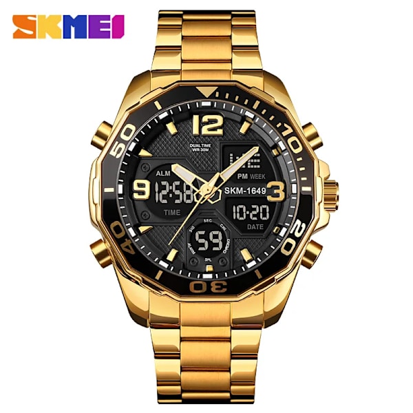 SKMEI Lyxmärke Watch Militär Digital Sport Armbandsur Herr Stålband Vattentät klocka Man reloj hombre 1649 montre Gold