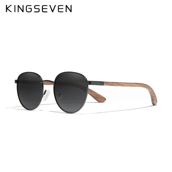 KINGSEVEN 2022 Nya handgjorda valnötsträ runda solglasögon män kvinnor polariserade spegel solglasögon herr Steampunk solglasögon Oculos Gradient Gray Original
