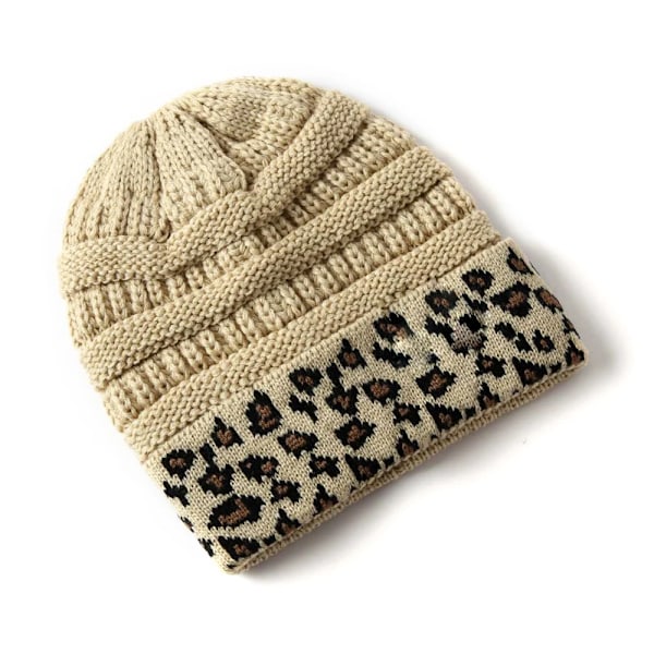 10 Färger Leopard Beanie Kvinnor Stretch Stickad Virkad Beanies Vintermössor För Kvinnor Varma Dam Messy khaki One Size