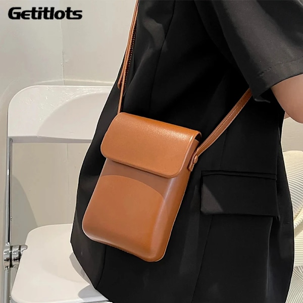 Flap Crossbody-väskor Dam Mini PU-läder axelväskor och handväskor för flickor Damtelefon Enkel solid designerväska Brown