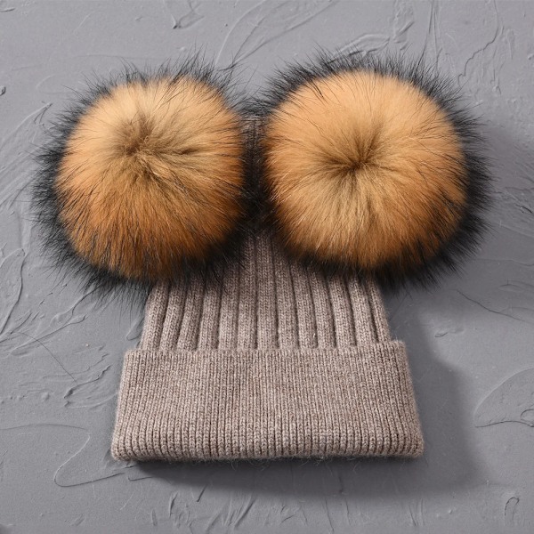 Dubbel Pompom-mössa för kvinnor, vintermössor, stickade mössor, mössor, beanies, flickor, två pompom-mössa Khaki natural fur