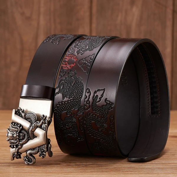 Nytt manligt Kina drakbälte nötskinnsbälte i äkta läder för män Carving Dragon-mönster Automatiskt spänne bältesrem för jeans Silver buckle Black 110cm