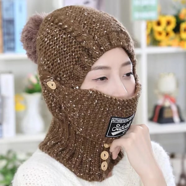 Vinterstickade mössor för kvinnor, tjocka och varma beanie-mössor, skallemössor, balaclava, bonnet, beanie-kepsar, utomhusridning khaki