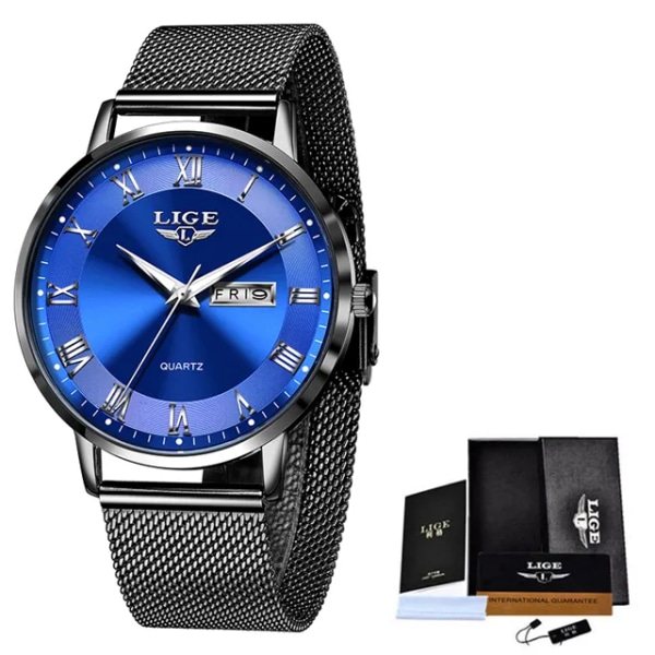 LIGE Watch Armband Quartz Clock Movement Enkel Vattentät Rose Gold Rostfritt stål Mesh Damklockor Relogio Feminino Black blue