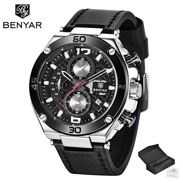 BENYAR 2023 Nya quartz herrklockor Multifunktions watch herr topp lyxmärke watch Relogio Masculino Silver black