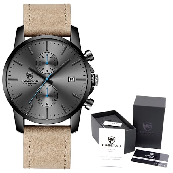 2021 Watch CHEETAH Märke Mode Sport Kvartsklockor Herr Läder Vattentät Chronograph Clock Business Relogio Masculino Leather Grey Box