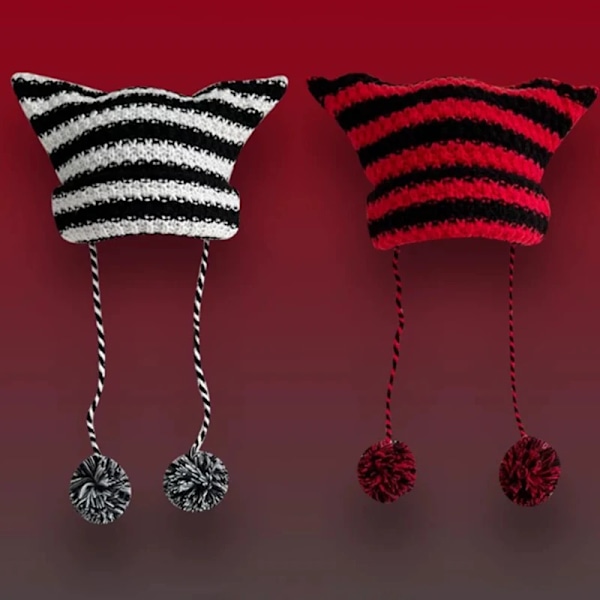 Japansk Streetwear Harajuku Beanie Hatt Liten Djävul Randig Stickad Hatt För Kvinnor Flickor Höst Vinter Söta Kattungeöron Mössa style 02- red